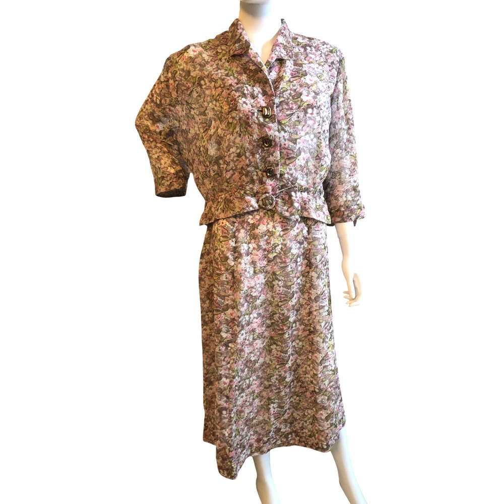 Vintage 50s 60s Julette Paula Dean Floral Skirt Voila Suit Set Sheer Floral JB